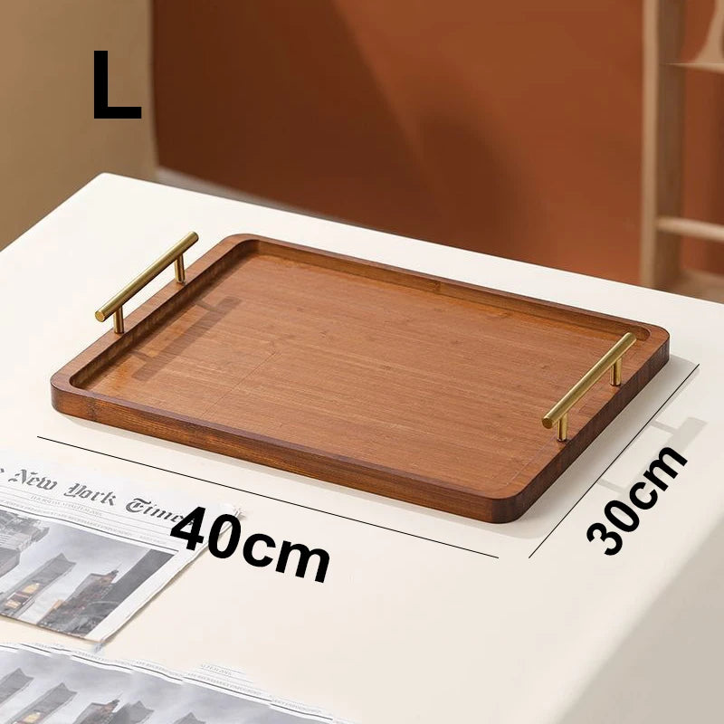 Wooden Rectangular Wooden Tray with Golden Metal Handle for Water Cup Fruit Food Bread Sundries Serving Tray Household Organizer