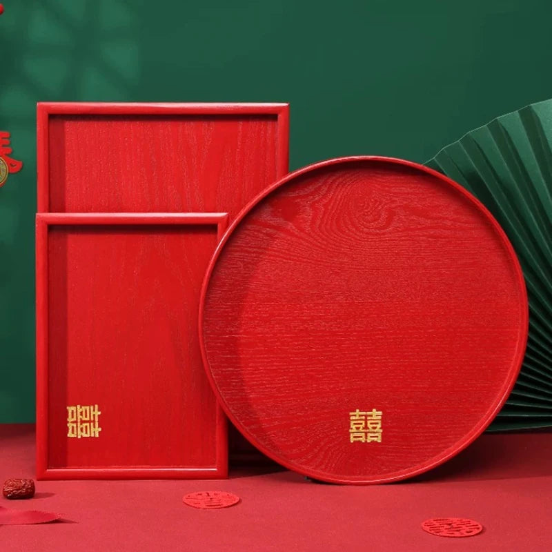Chinese Red Solid Wood Tray Wedding Wedding Decorative Tray Home Dry Brew Tea Tray Wedding Supplies