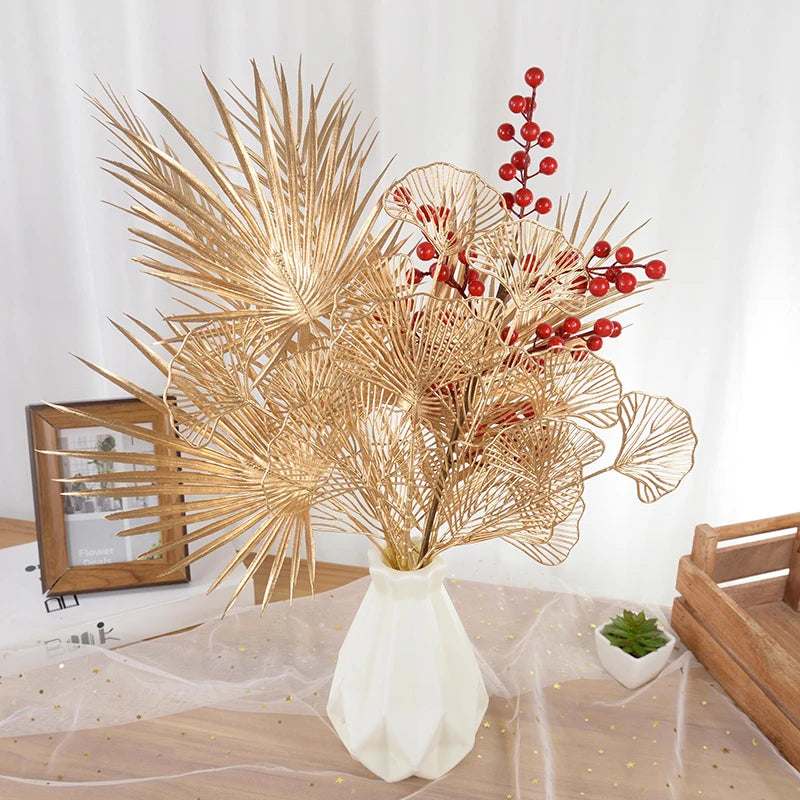 Golden Artificial Plant Tropical Palm Leaf Fake Plants For Home Decoration Birthday Wedding Party Decor Supplies