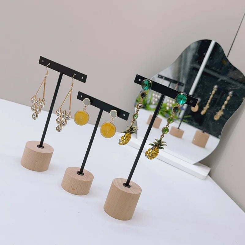 T Bar Earring Display Stand With Wooden Base Jewelry Holders Hanging Jewelry Organizer For Photography Props Iron jewelry rack