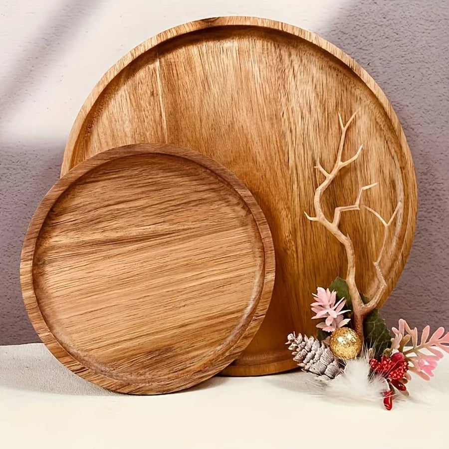 Classic circular wooden tray for kitchen restaurant serving baking dessert tray jewelry storage tray