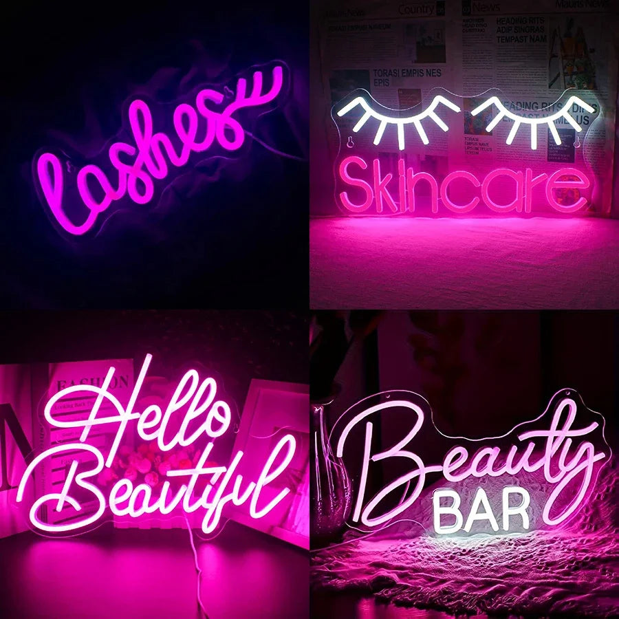 Neon Sign Eyelashes Light Pink Glow LED Sign USB Powered for Lash Room Decor Girls Make up Beauty Bar Decor Home Wall Decor