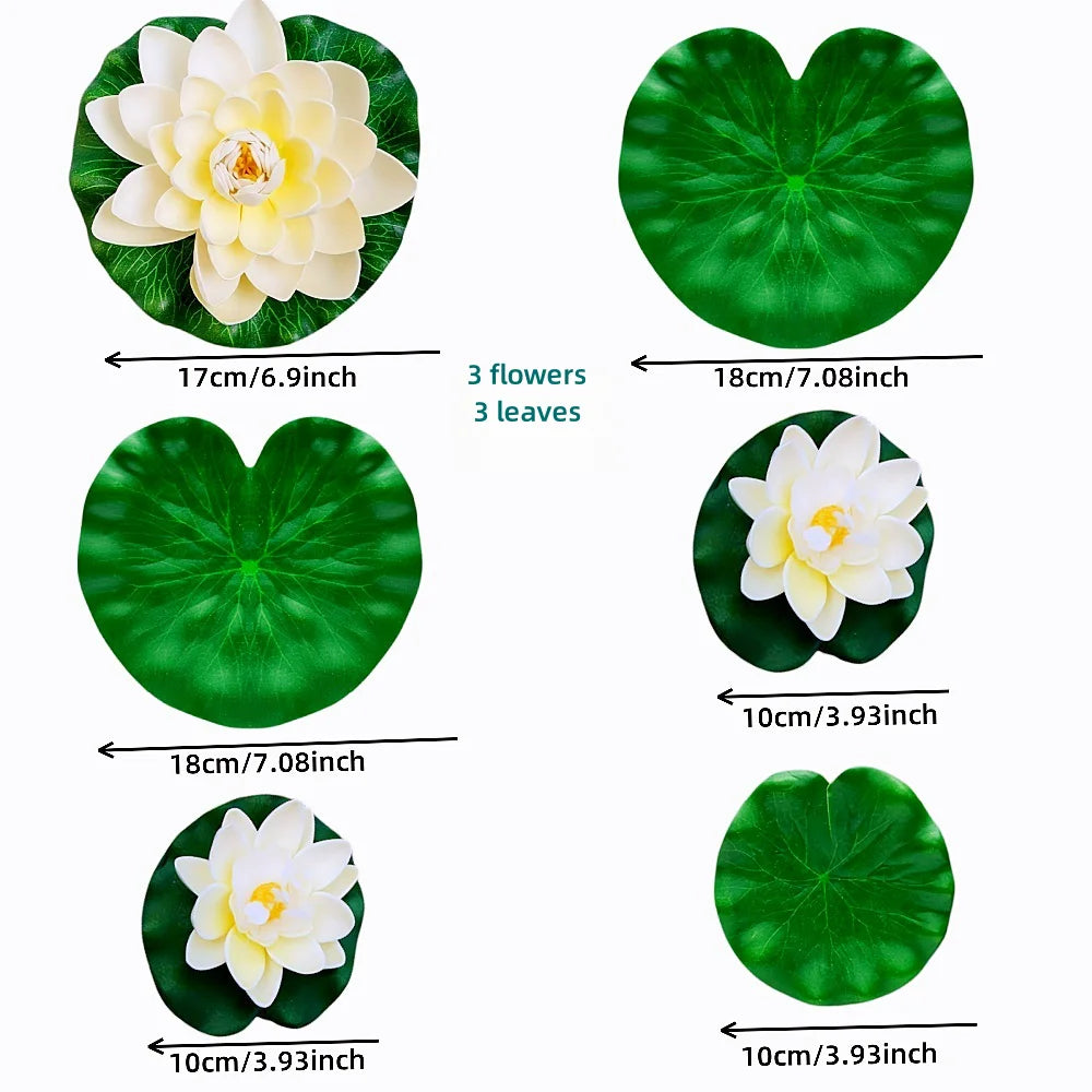 3 flowers and 3 leaves Artificial Lotus, Realistic Water Floating Foam Lotuses, Fake Lily Pad, Home Garden Patio Pond, Home Dec