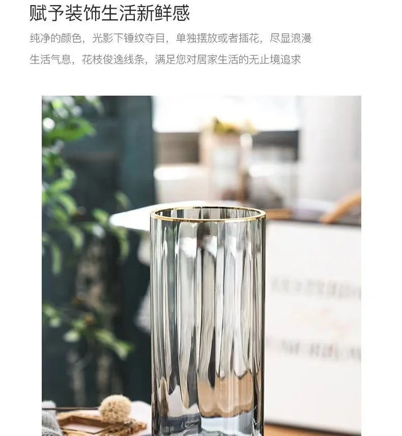 Vase, high-end straight tube, gold-plated glass vase, transparent water cured dried flower arrangement, desktop decoration