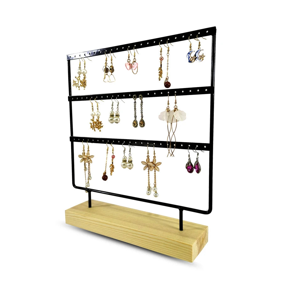 Solid Wood Base Metal Earrings Display Stand 3 Layers 69 Holes Jewelry Rack Earrings Studs Hanging Props Dresser Jewelry Storage