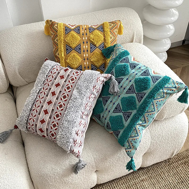 Boho Tufted Throw Pillow Cover with Handwoven Stripes Tribal Bohemian Cotton Hand Woven Tufted Square Cushion Covers JAF076
