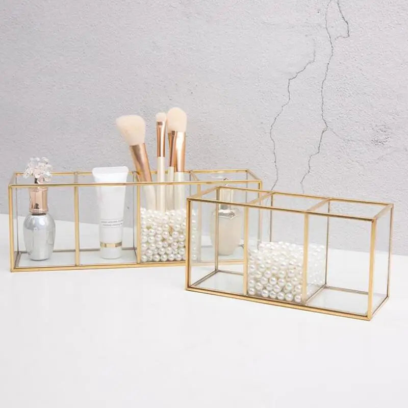 Transparent Glass Makeup Brush Storage Box Gold Cosmetics Container Ring Pencil Lipstick Holder Make Up Brushes Organizer