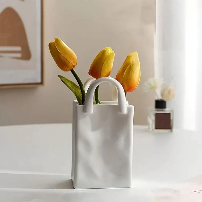 HUA HUA Handbag Shape Vase Modern Decorative White Vase Home Decoration Dried Flower Arrangement Table Decoration