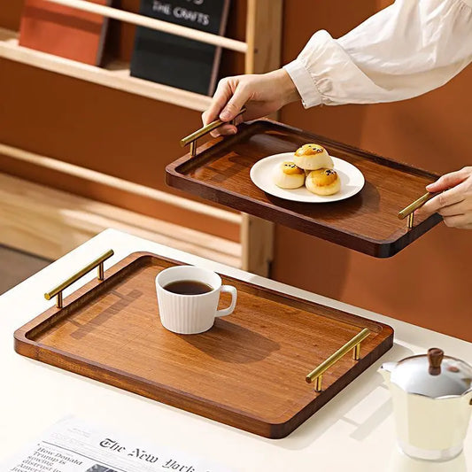 Wooden Rectangular Wooden Tray with Golden Metal Handle for Water Cup Fruit Food Bread Sundries Serving Tray Household Organizer