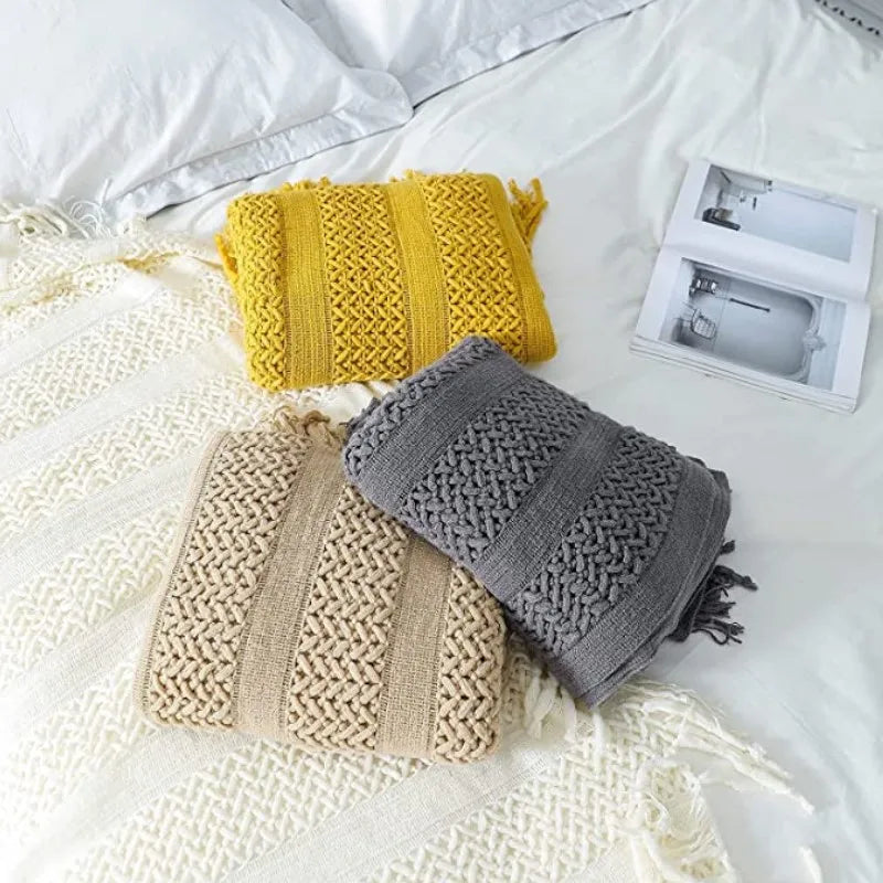 Cream White Textured Knitted Throw Blankets With Tassels Vintage Lightweight Farmhouse Gift Blankets 50x60inch Gift Blankets