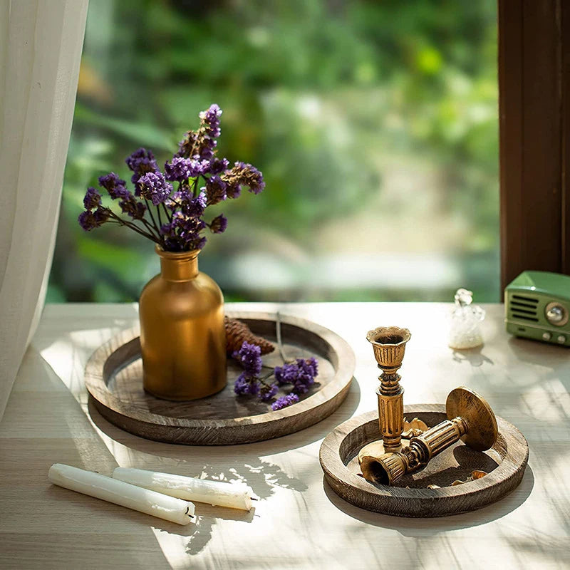 1Pc Round Wooden Tray Candle Holder Kitchen Countertop Multi-purpose Tray Home Decor for Farmhouse Dinning Table