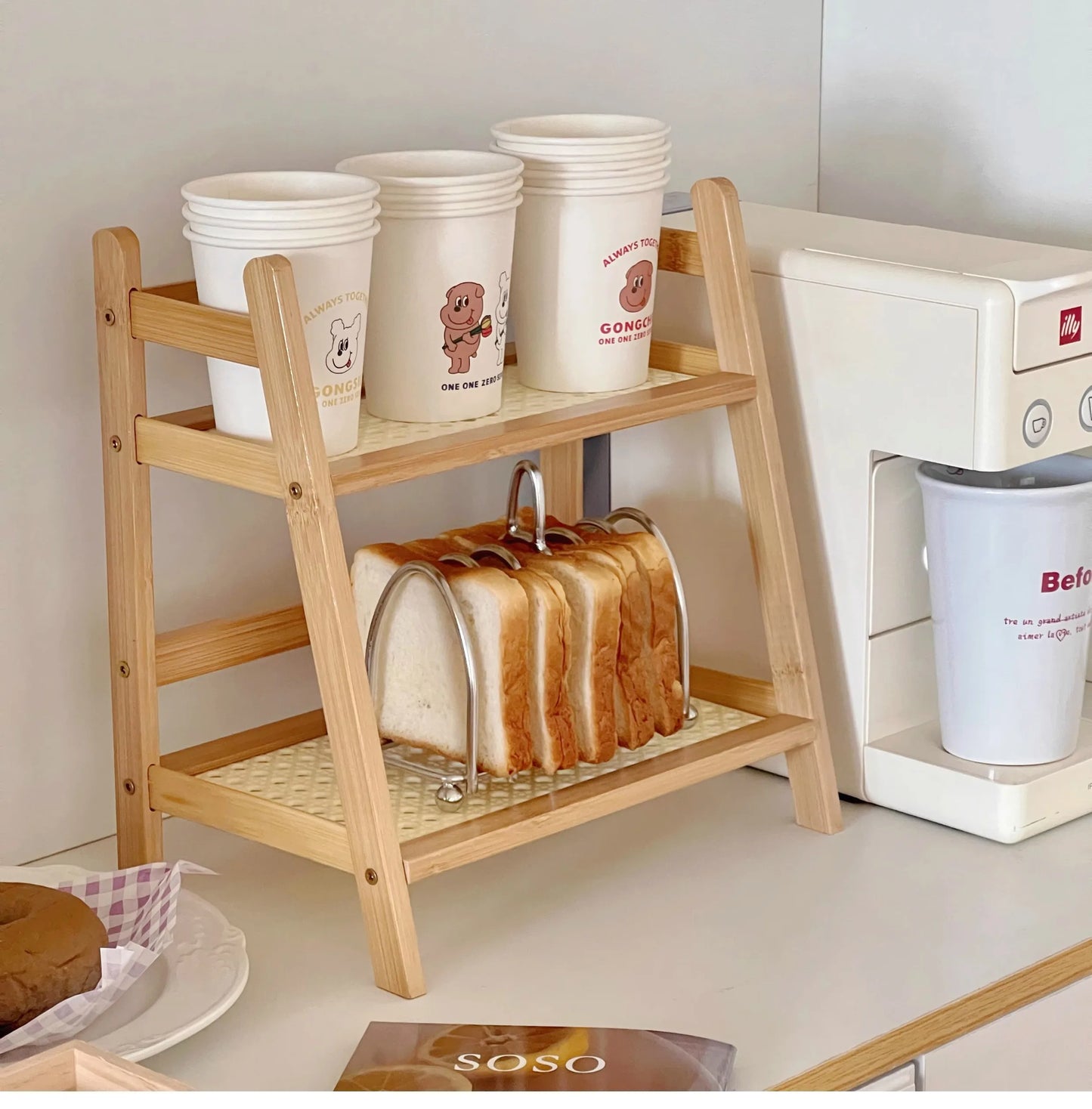 Wooden Storage Shelf 2-Tier Rattan Desktop Stand Organizer Trapezoidal Desk Display Rack Desktop Stationary Office Storage Rack