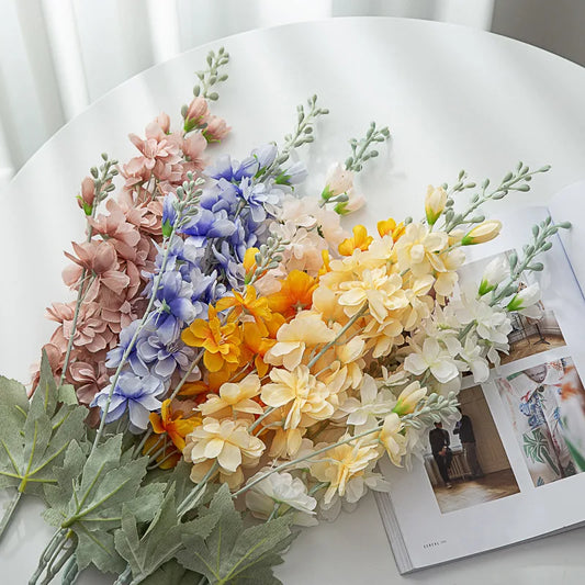 Artificial Flowers Delphinium Flower Branch Fake Leaf for Wedding Decoration Outdoor DIY forHome Decorative Hyacinth Silk Flower