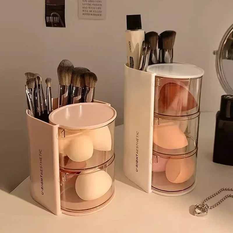 Rotating Cosmetic Storage Box Makeup Powder Puff Shelf Holder Dustproof Desktop Remover Cotton Brush Storage Rack Organizer
