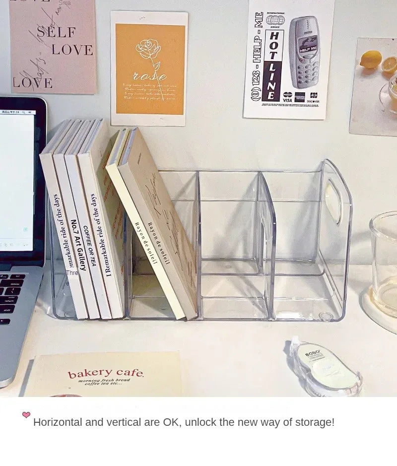 Convenient Clear Acrylic Bookends with Handle Desk Organizer Divided Book Stand Desktop Sorting Rack Study Supplies