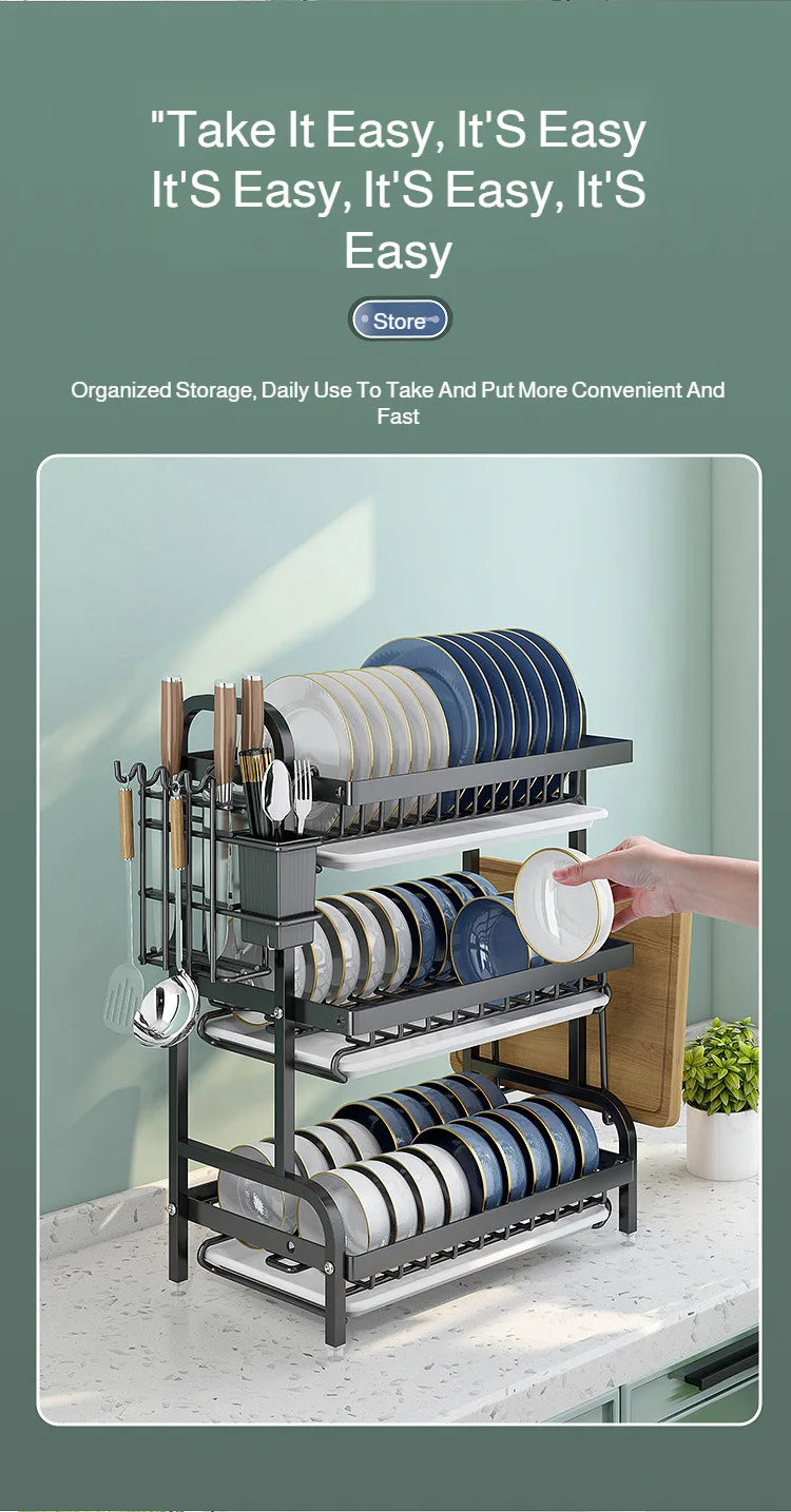 【Multi-Functional Kitchen Storage Rack】Dish Plate Organizer with Drainage Rack Countertop Utensil Holder for Chopsticks &