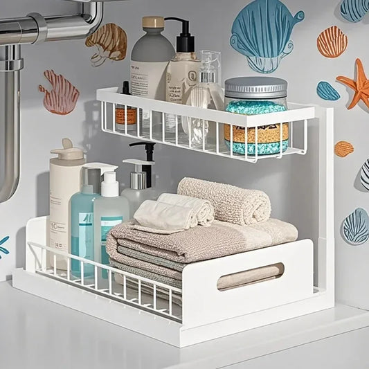 Kitchen 2 Tier Under Sink Organizer Rack with Sliding Drawer Multi-purpose Bathroom Organizer Shelf for Kitchen Bathroom Storage