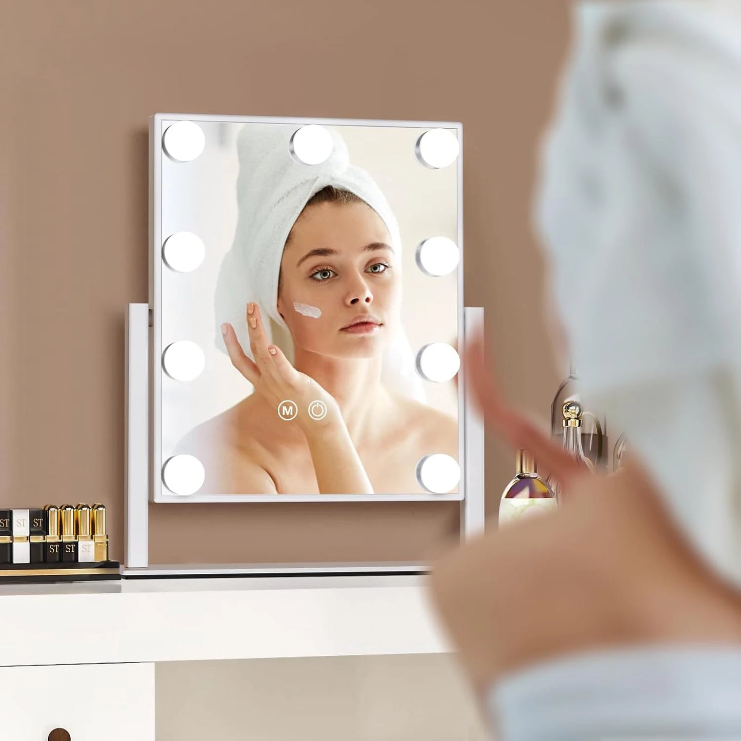 Vanity Makeup Mirror with Lights - 9/12 LED Bulbs, Touch Control, 3 Colors Light, 360° Rotation, Light Up Vanity Mirror