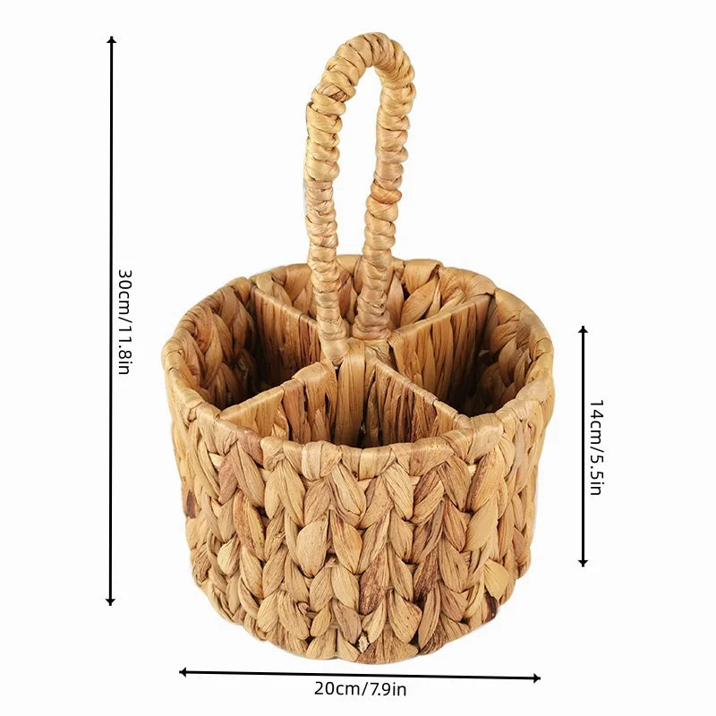 Rattan Wicker Storage Basket Hand Woven Flatware Organizer Round Storage Box Water Hyacinth Storage Basket Cutlery Holder