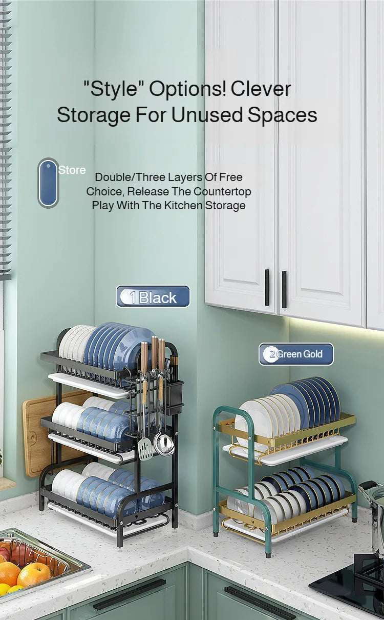 【Multi-Functional Kitchen Storage Rack】Dish Plate Organizer with Drainage Rack Countertop Utensil Holder for Chopsticks &