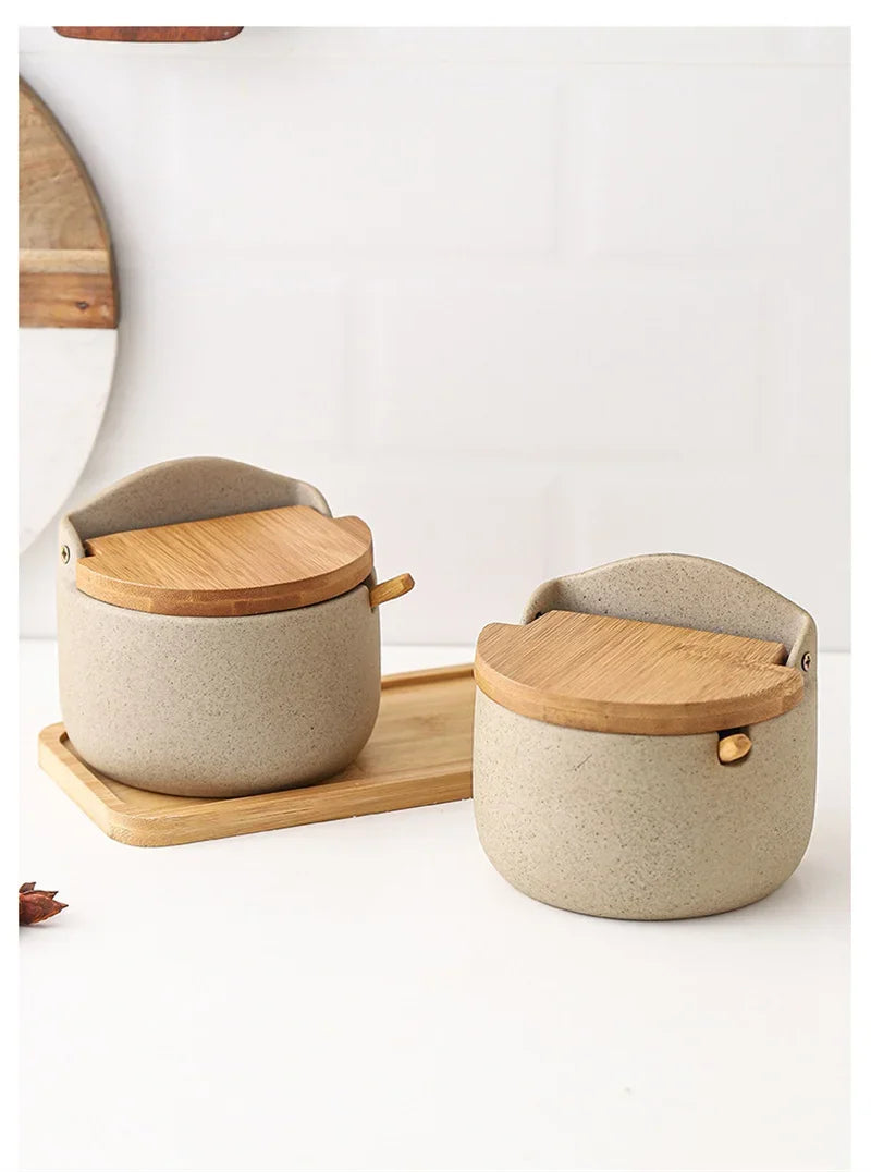 Japanese Style Ceramic Seasoning Jar Bamboo lid Spice jar With Spoon Kitchen Sugar Salt Spices Storage Box Household Container