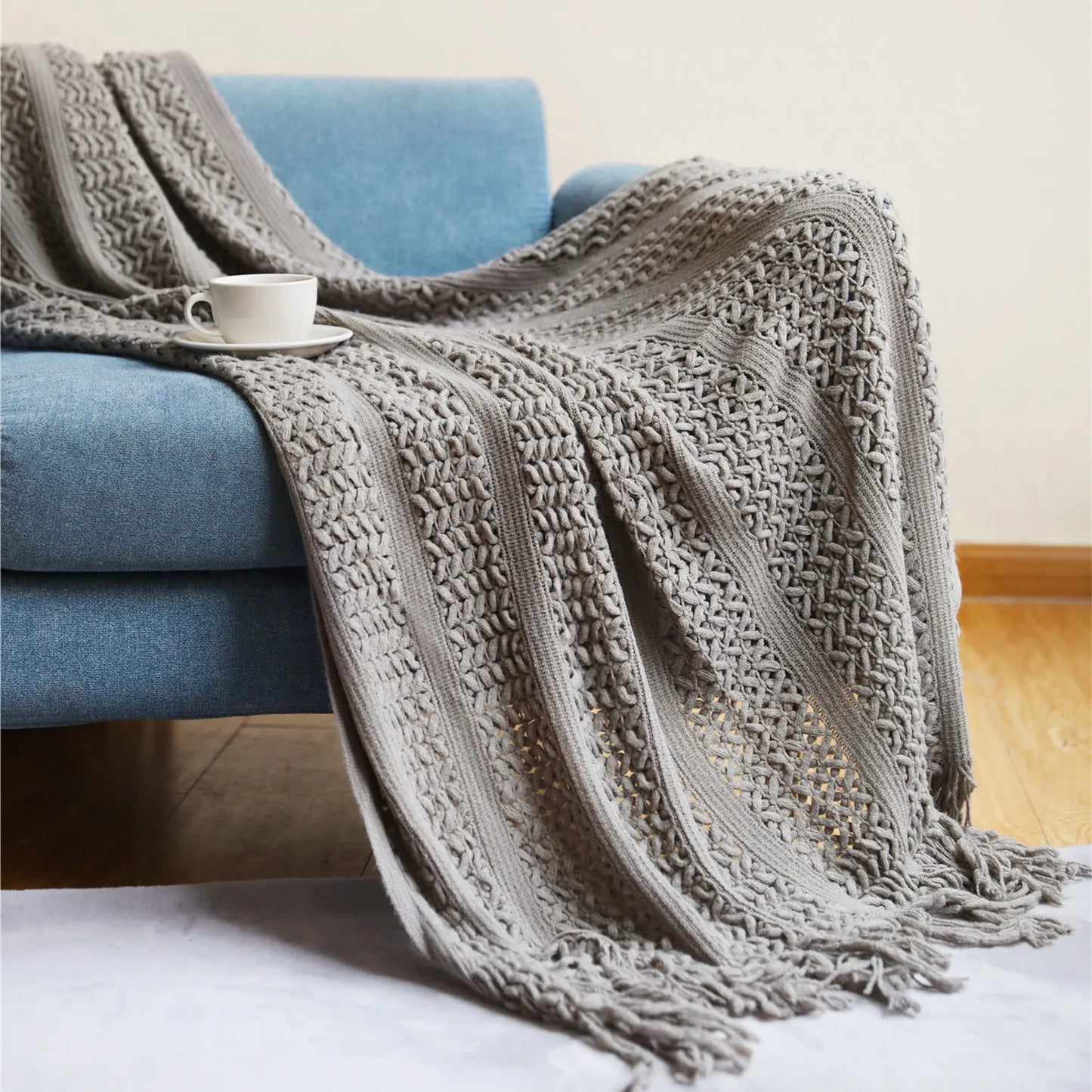 Cream White Textured Knitted Throw Blankets With Tassels Vintage Lightweight Farmhouse Gift Blankets 50x60inch Gift Blankets