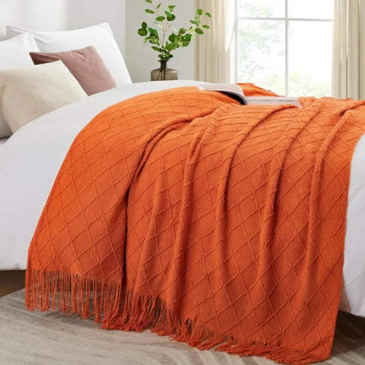 Orange Knitted Throw Blanket with Tassels Oversized Gift Blanket Vintage Decorative Boho Farmhouse Lightweight Travel Blankets