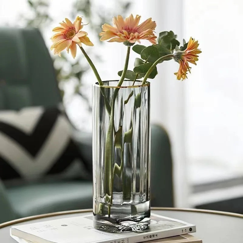 Vase, high-end straight tube, gold-plated glass vase, transparent water cured dried flower arrangement, desktop decoration
