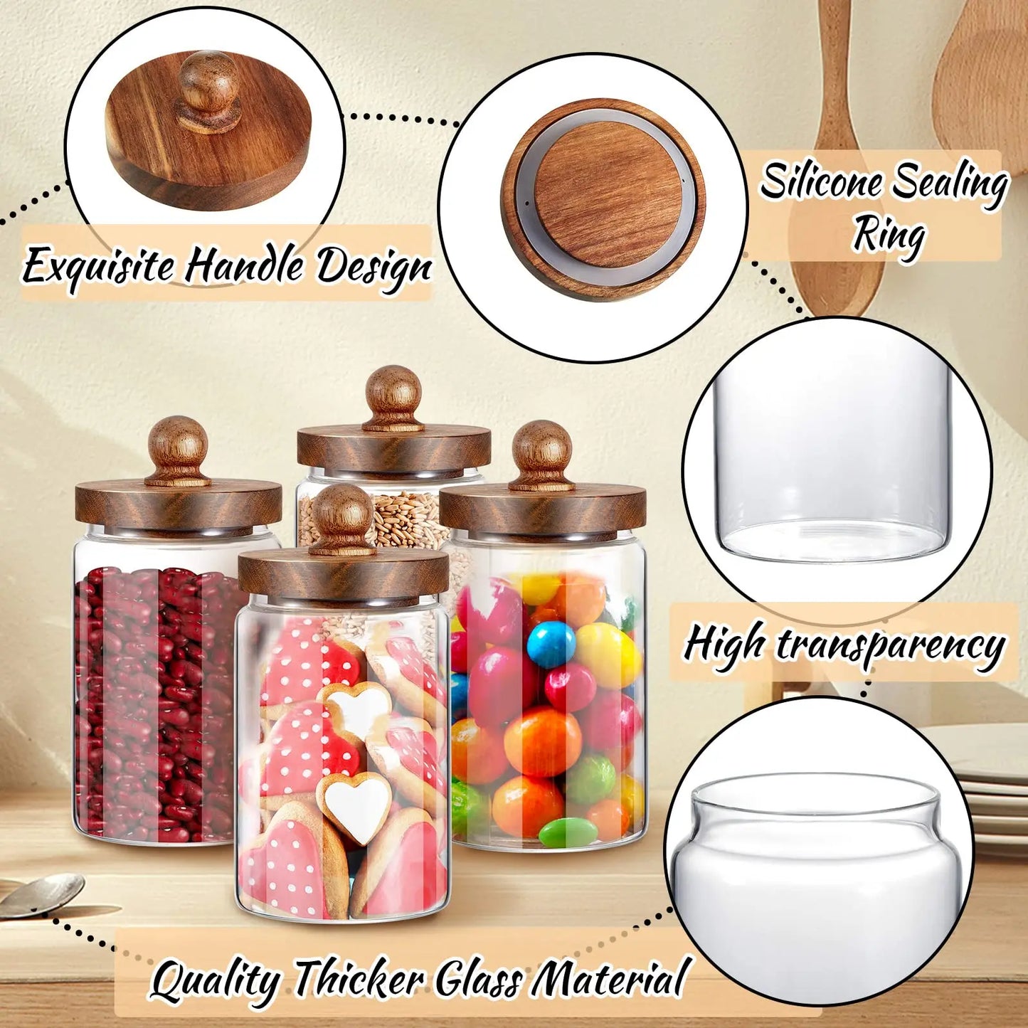 Glass Food Storage Jar with Wood Lid Airtight Sealed Clear Container for Coffee Beans Nuts Spice Candy Moisture-proof Storage