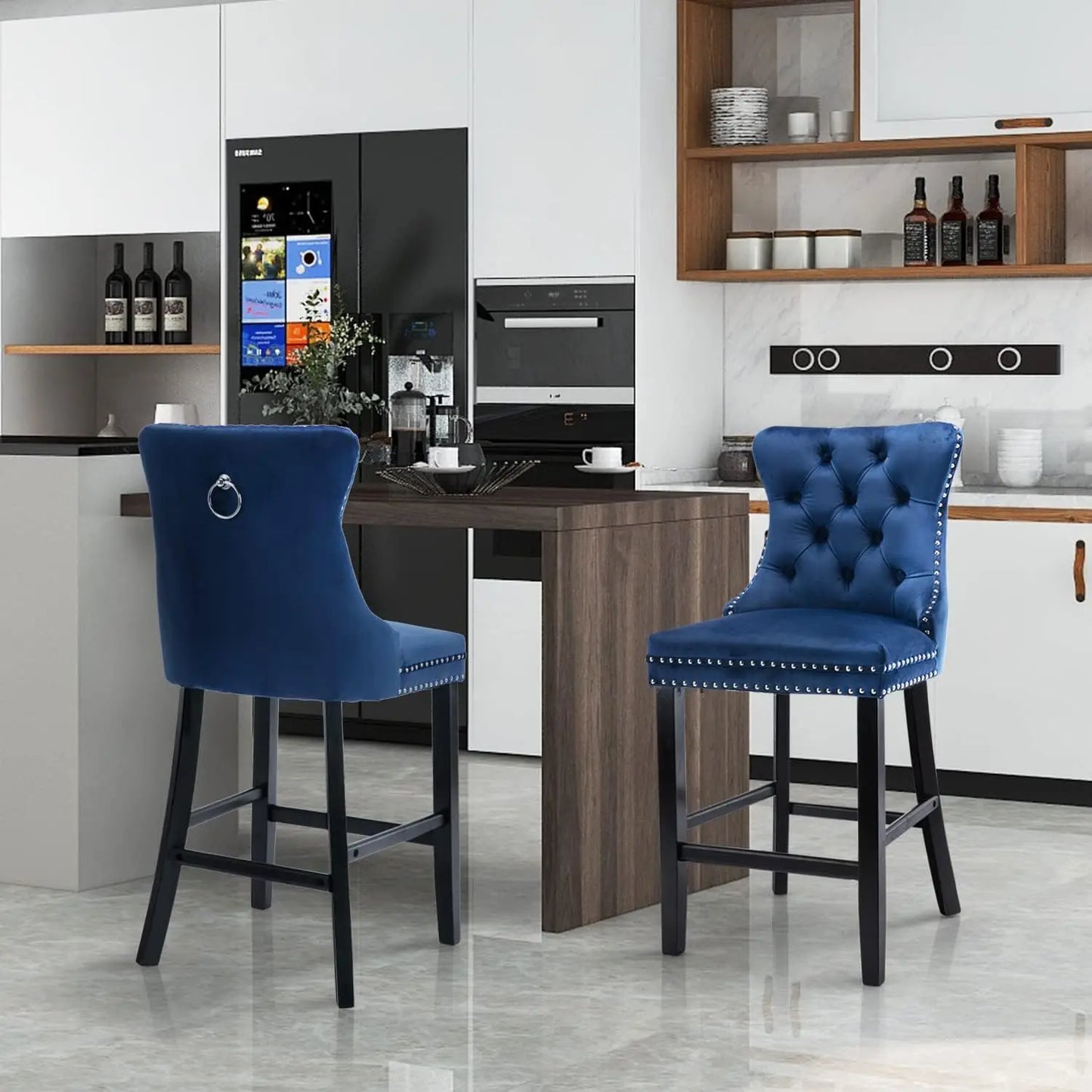 Upholstered Bar Stools Set of 4 with Wood Legs, Button Tufted,Chrome Nailhead, Counterstool Seat, Armles