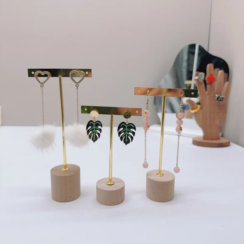 T Bar Earring Display Stand With Wooden Base Jewelry Holders Hanging Jewelry Organizer For Photography Props Iron jewelry rack