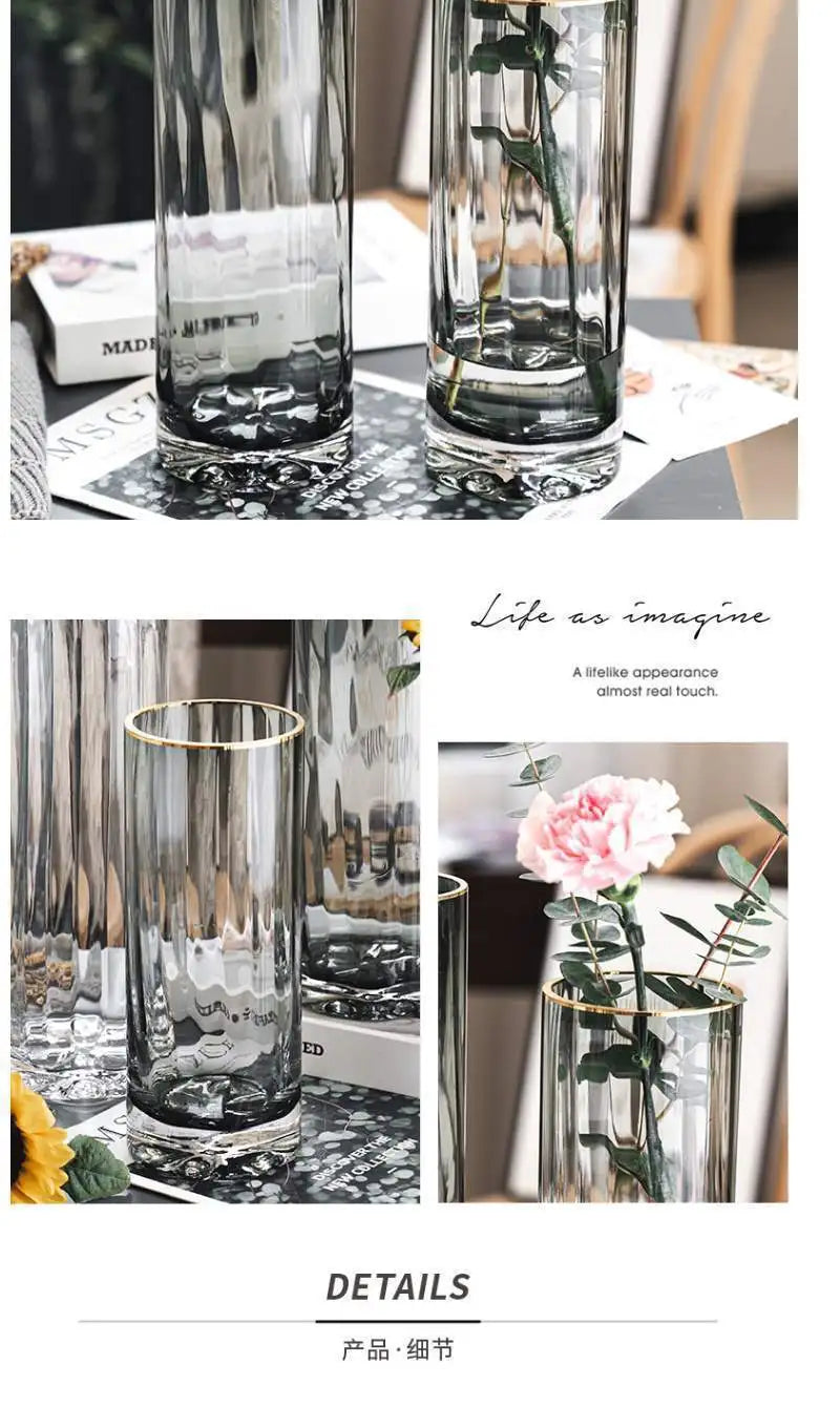 Vase, high-end straight tube, gold-plated glass vase, transparent water cured dried flower arrangement, desktop decoration