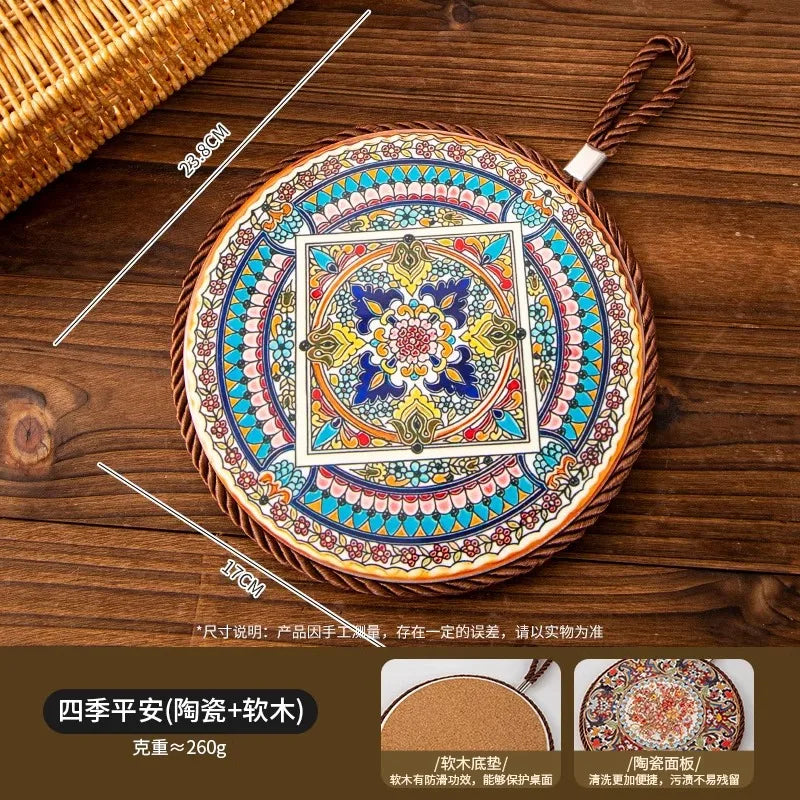 1pcs Ceramic Insulation Pad Ceramic Surface and Cork Bottom Construction with Hanging Rope Suitable for Serving Plates Cups Pans