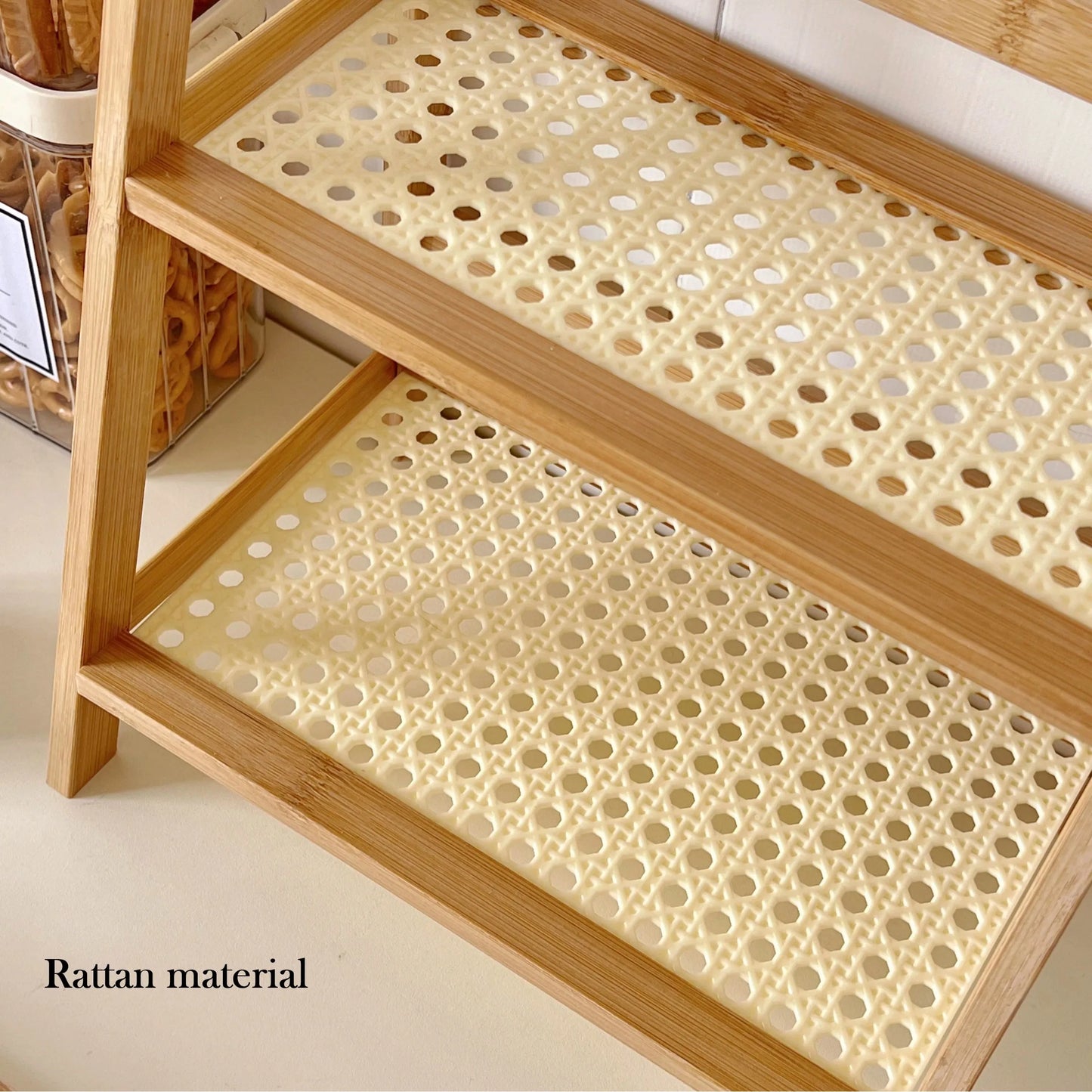 Wooden Storage Shelf 2-Tier Rattan Desktop Stand Organizer Trapezoidal Desk Display Rack Desktop Stationary Office Storage Rack