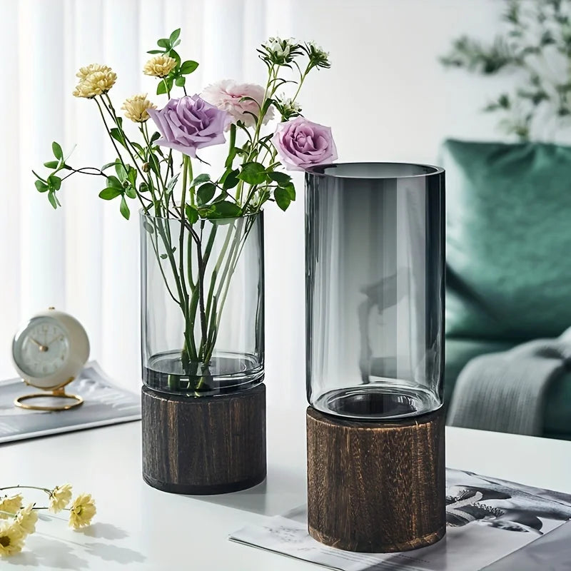 Perfect Elegant Glass Vase - Wooden Base, Ideal for Living Room & Dining Decor, Gift for Friends and Family