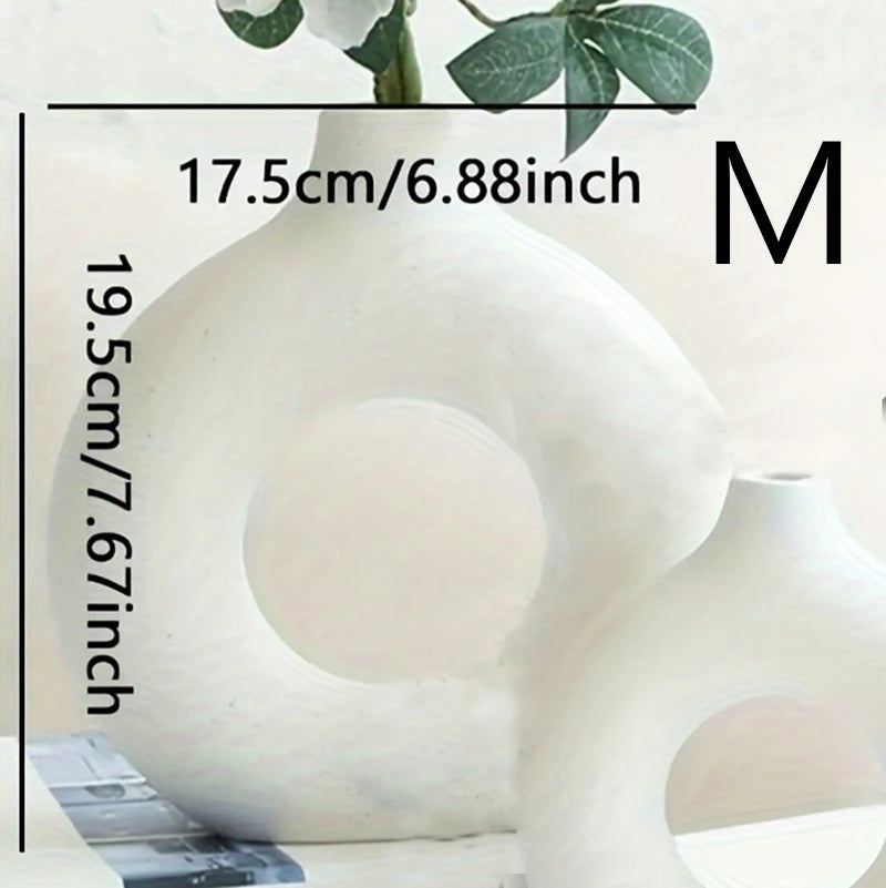 1pc, White/Beige Ceramic Vase  Vases For Decor, Modern Home Decor Vase, Boho Vases For Decor, Circle Vase, Round Vase, Donut Vas