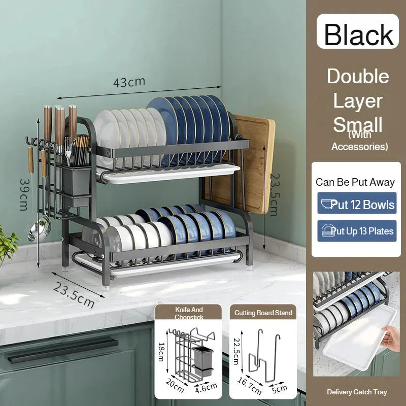 【Multi-Functional Kitchen Storage Rack】Dish Plate Organizer with Drainage Rack Countertop Utensil Holder for Chopsticks &