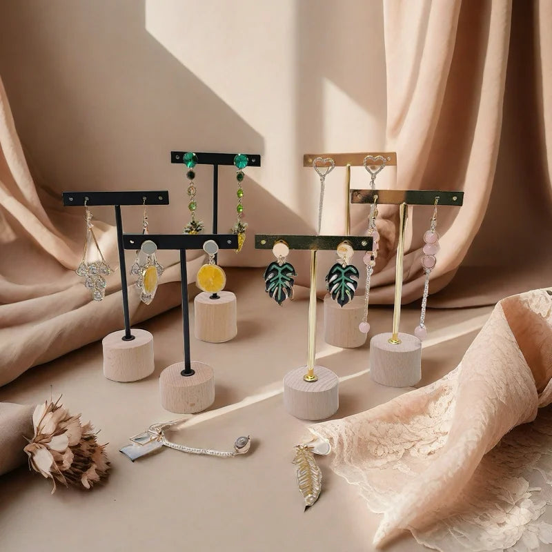 T Bar Earring Display Stand With Wooden Base Jewelry Holders Hanging Jewelry Organizer For Photography Props Iron jewelry rack
