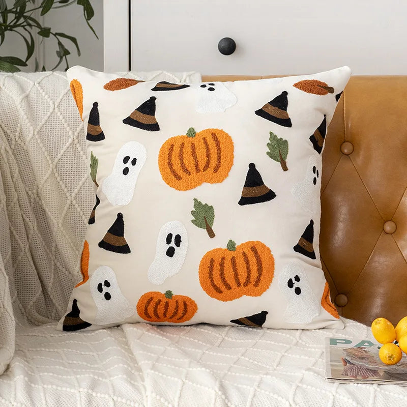 Towel Embroidery Pillow Cover Canvas Embroidered Halloween Pumpkin Cushion cover Pillow Autumn Office Throw Pillowcase