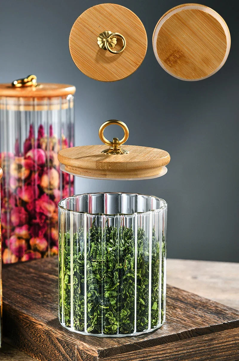 Glass Food Jar with Sealed Bamboo Lid Kitchen Pantry Grains Cookie Coffee Tea Candy Snack Storage Bottle Jars Kitchen Canister