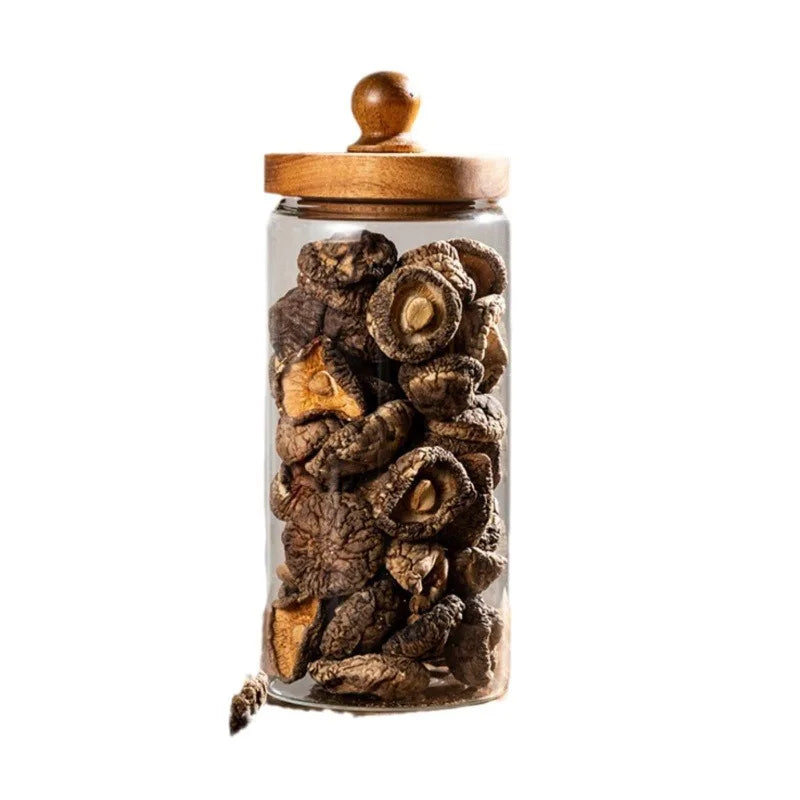 Glass Food Storage Jar with Wood Lid Airtight Sealed Clear Container for Coffee Beans Nuts Spice Candy Moisture-proof Storage