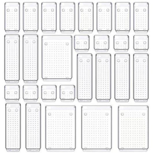 28 PCS Clear Drawer Organizers Set 4-Size Versatile Bathroom and Vanity Drawer Organizer Trays Storage Bins for Bedroom Kitchen