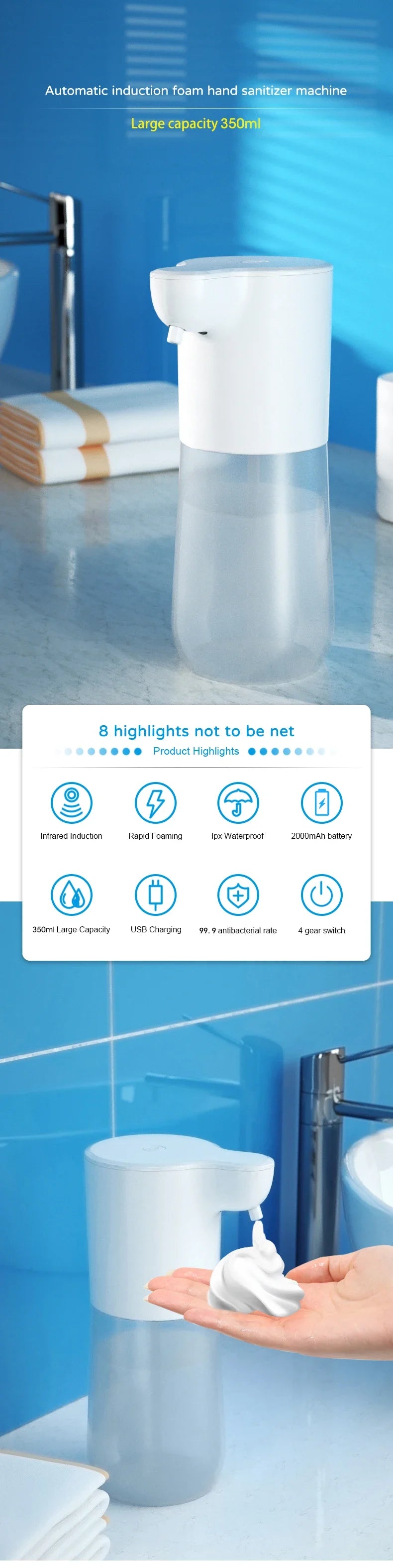 350ML Automatic Foam Soap Dispenser Bathroom Smart Washing Hand Machine USB Charging White ABS for Bathroom Toilet