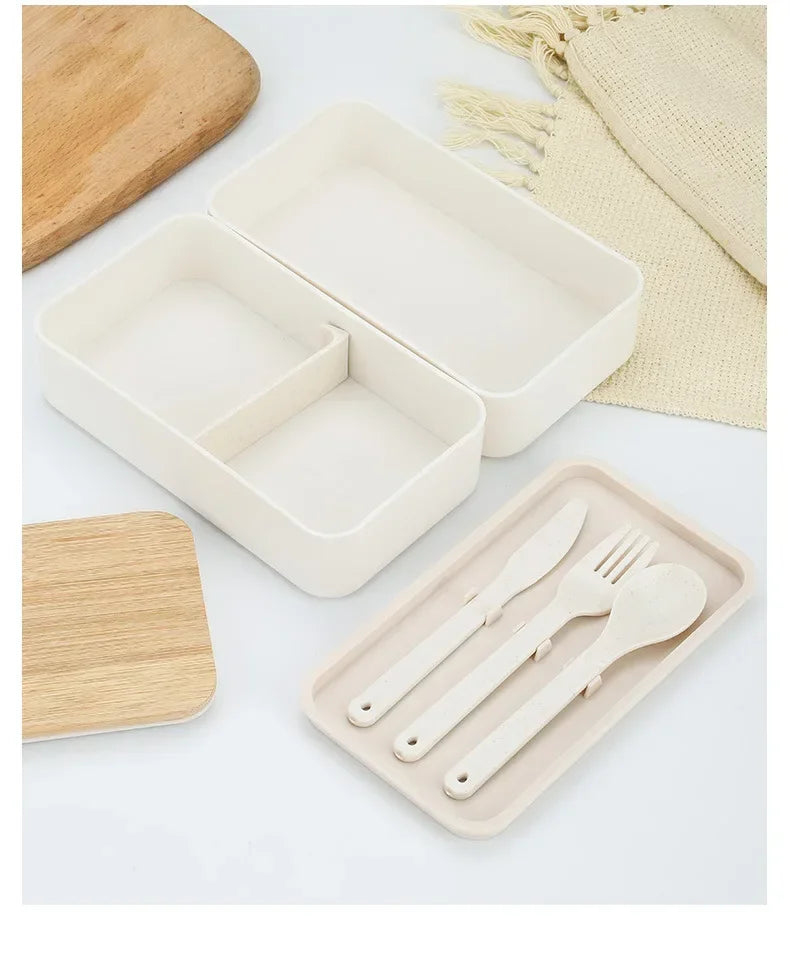 New Japanese Style Bento Box, Minimalist Double-layer Lunch Box with Knife, Fork, Spoon, Divided Student Lunch Box