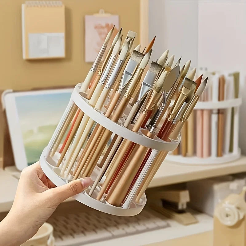 360° Rotating Brush Holder - Sleek White Plastic Organizer for Art Brushes, Space-Saving Desktop Accessory with Glazed Finish