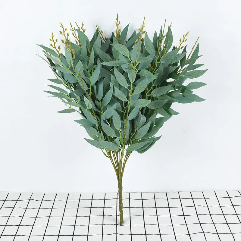 Silk Artificial Willow Bouquet Fake Green Leaves for Wedding Home Garden Vase Decoration Jungle Party DIY Plants Wreath