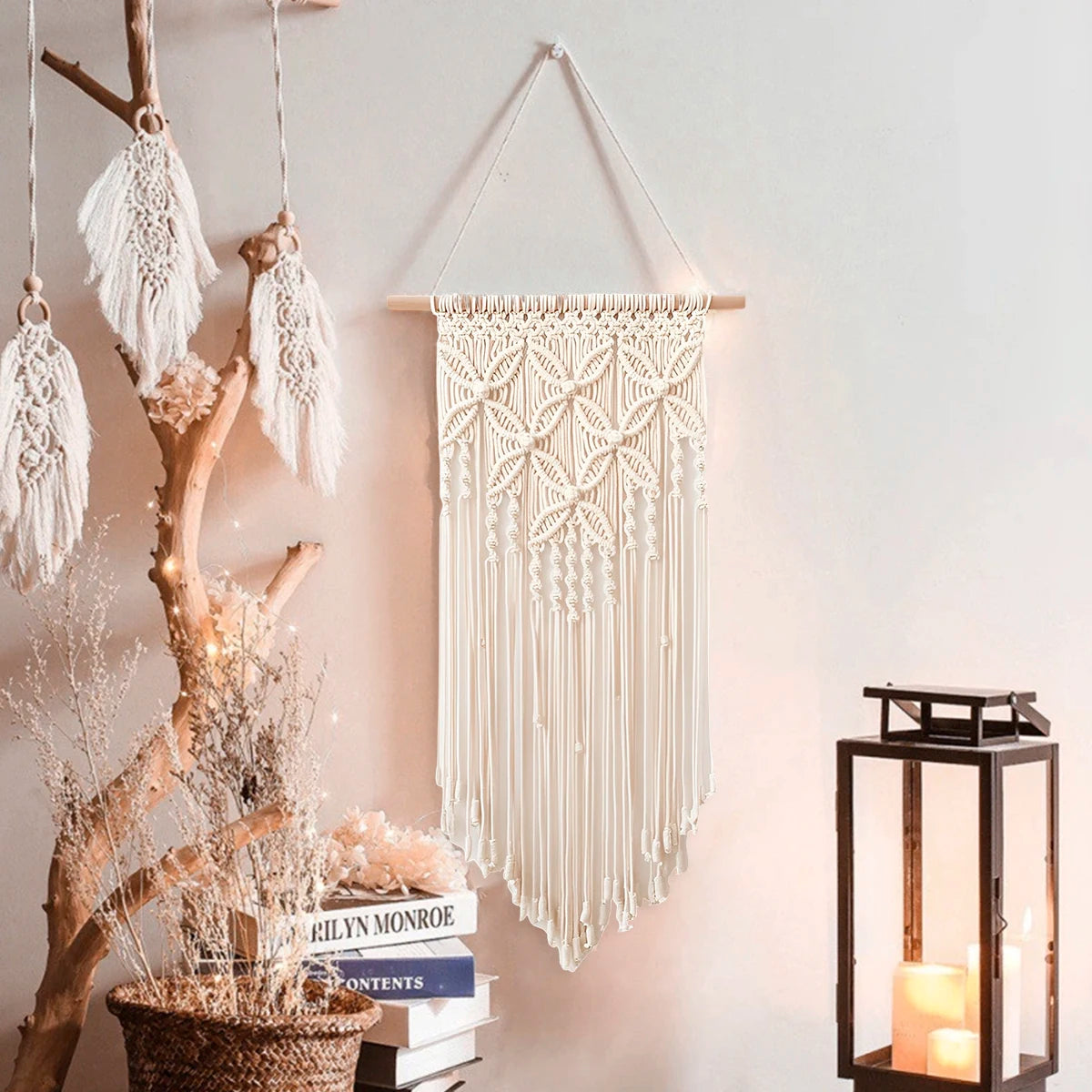 Macrame Wall Hanging Tapestry Handmade Bohemian Ethnic Chic Tapestry Boho Woven Wall Art Décor Beige Tassel Cotton Crochet