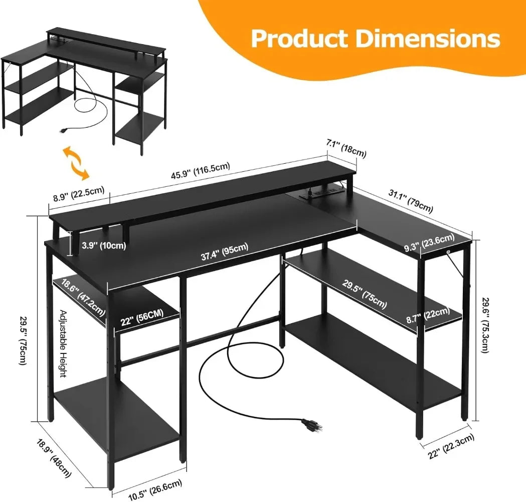 L Shaped Gaming Desk with LED Lights & Power Outlets, Reversible Computer Desk with Stand & Shelves