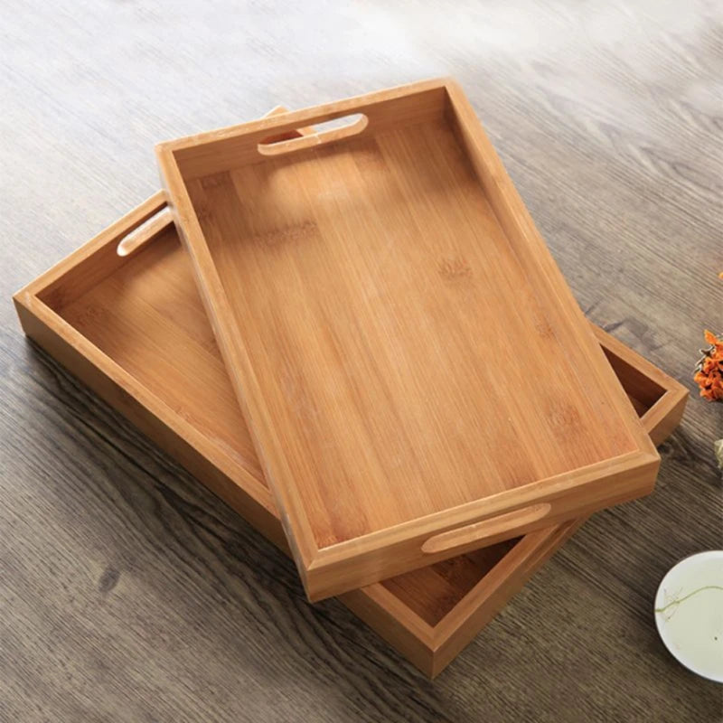 Bamboo Wooden Rectangular Tea Tray Solid Wood Tray Tea Cup Trays Stand Tray With Handle Wooden Hotel Dinner Plate Storage Tray