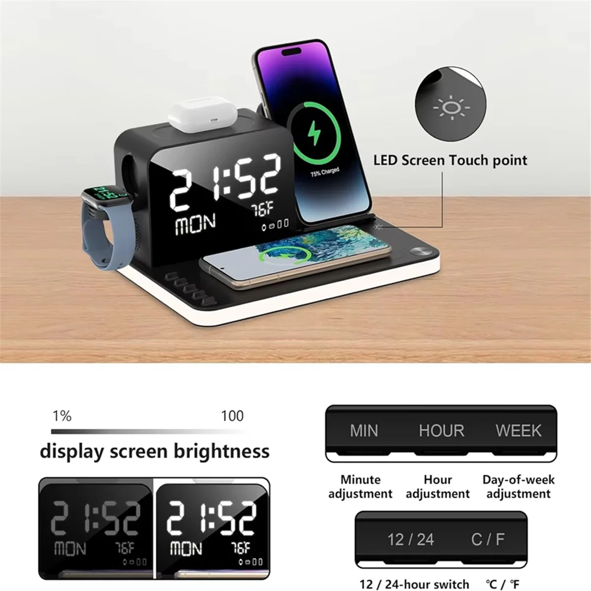 SEMOIC Wireless Charging Station 7 in 1 Fast Charger Stand with Clock Night Lights for Watches Smartphones